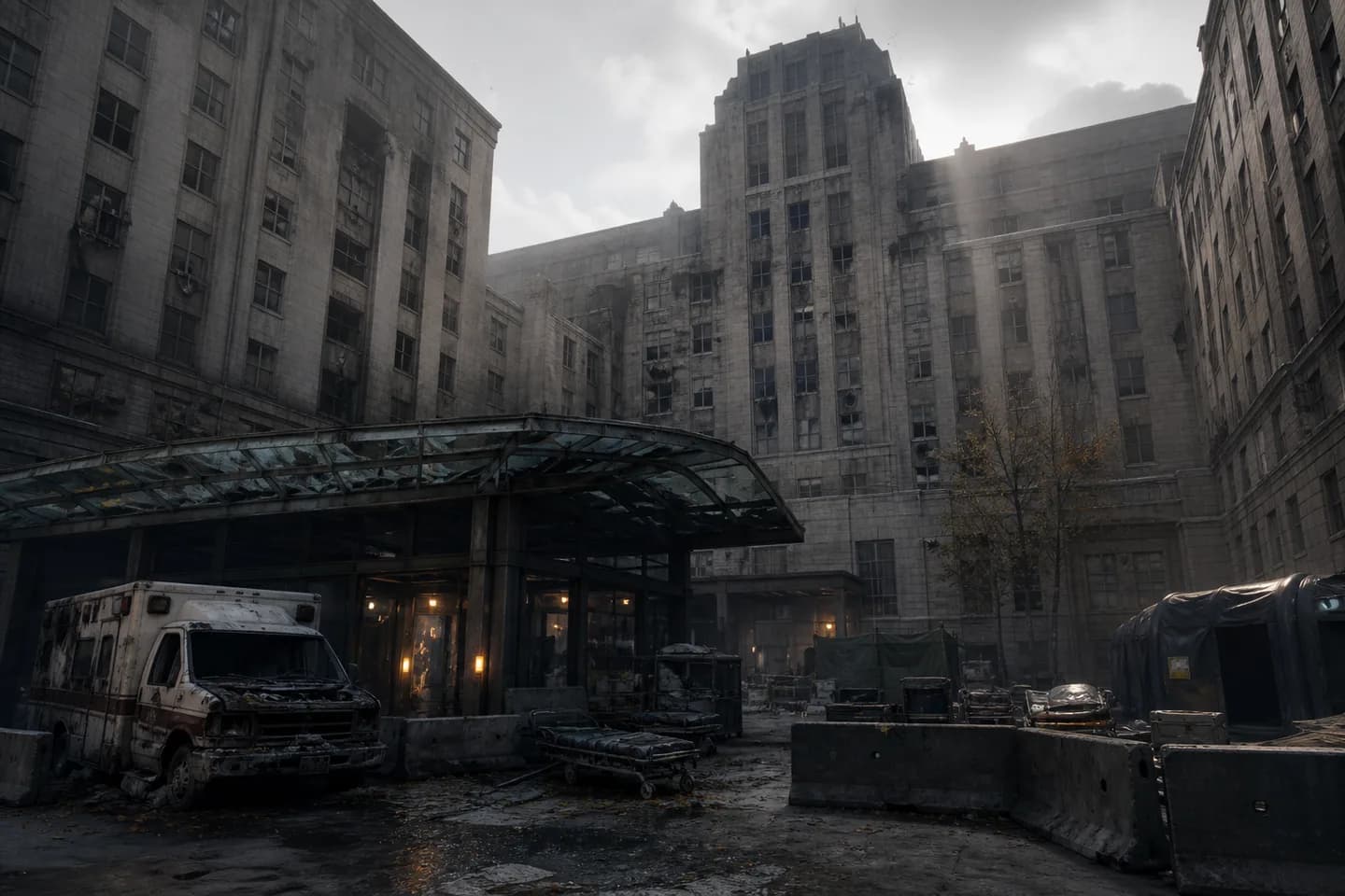 Beaulieu Hospital: A daytime Manhattan hospital with a central courtyard and wards whose locations can change between runs.