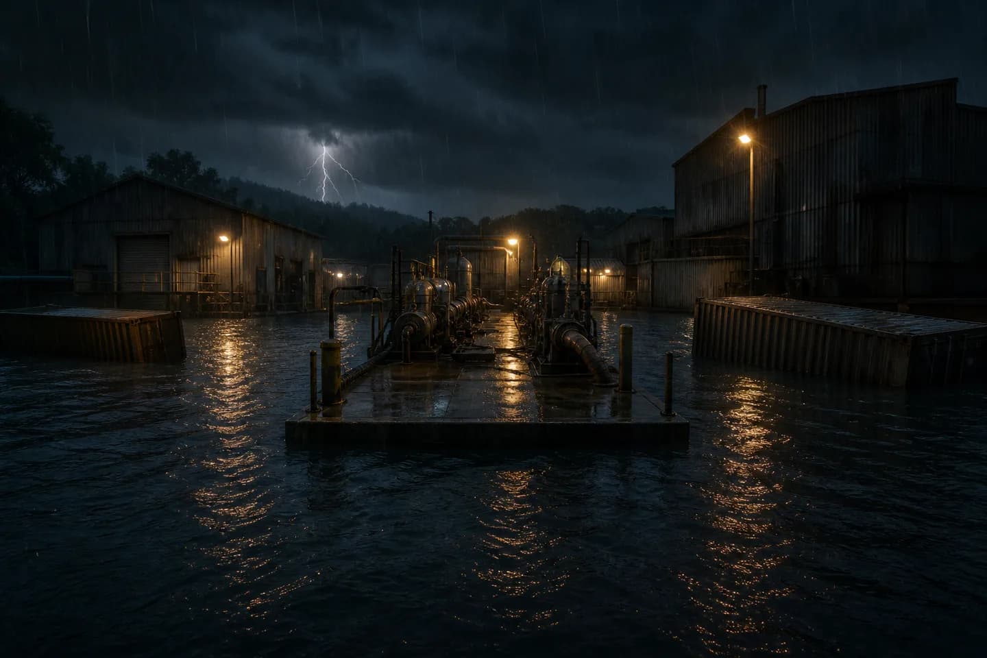 Flooded: A storm-flooded rural Pennsylvania industrial complex with machinery, containers, and scarce dry ground.