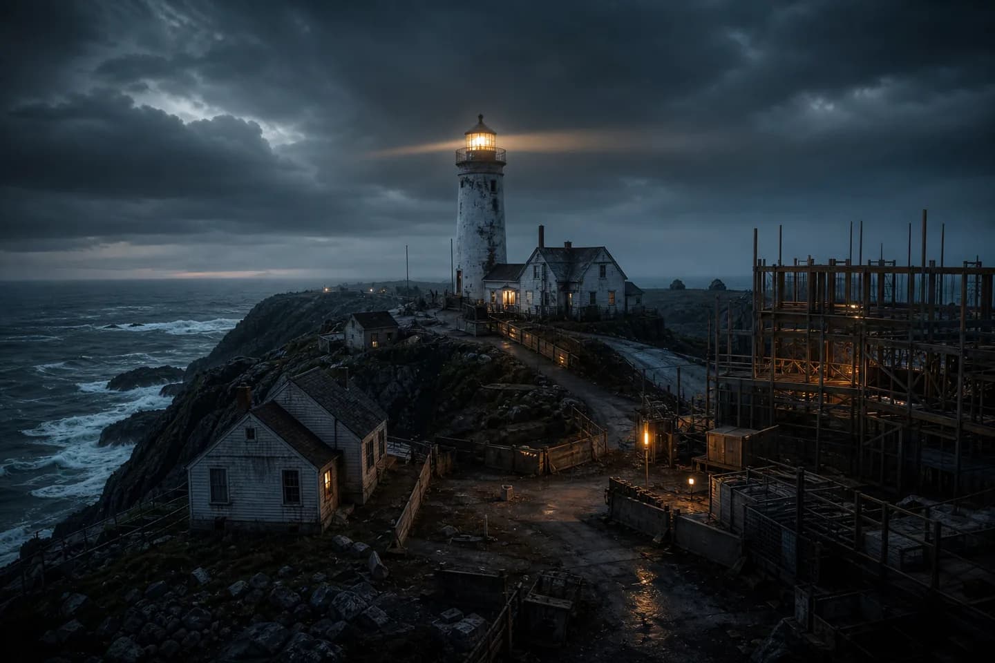 Lighthouse: A cliffside coastal holdout spanning a lighthouse, small neighborhood, and abandoned construction.