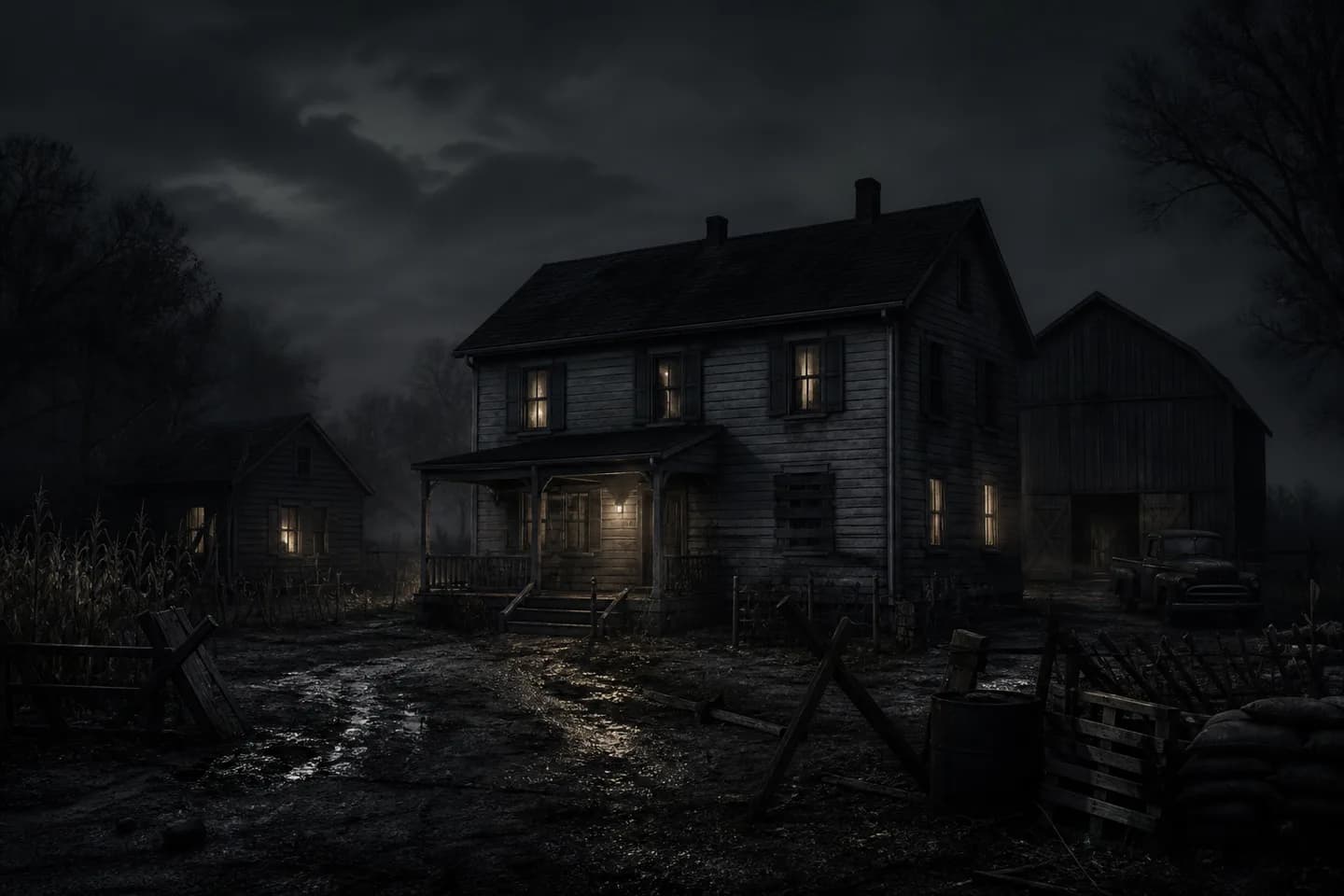 Night of the Living Dead: A rural farmhouse holdout expanded across the main house, guest house, and barn.