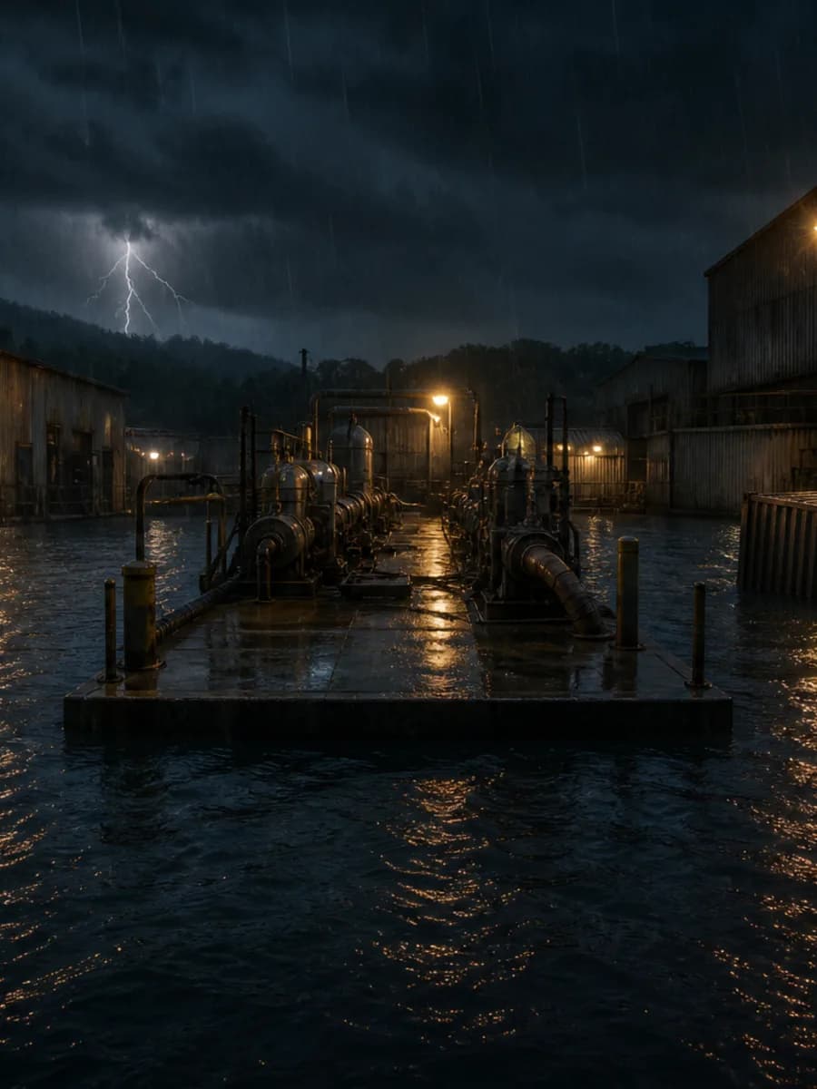 A portrait view of a dry pump platform surrounded by floodwater.