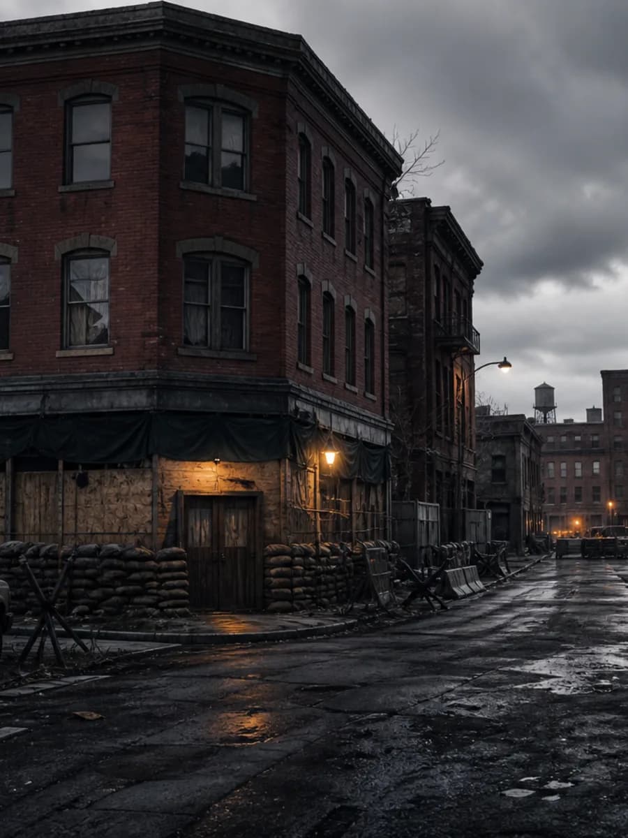 A portrait view of Lewiston's barricaded stores and route downtown.