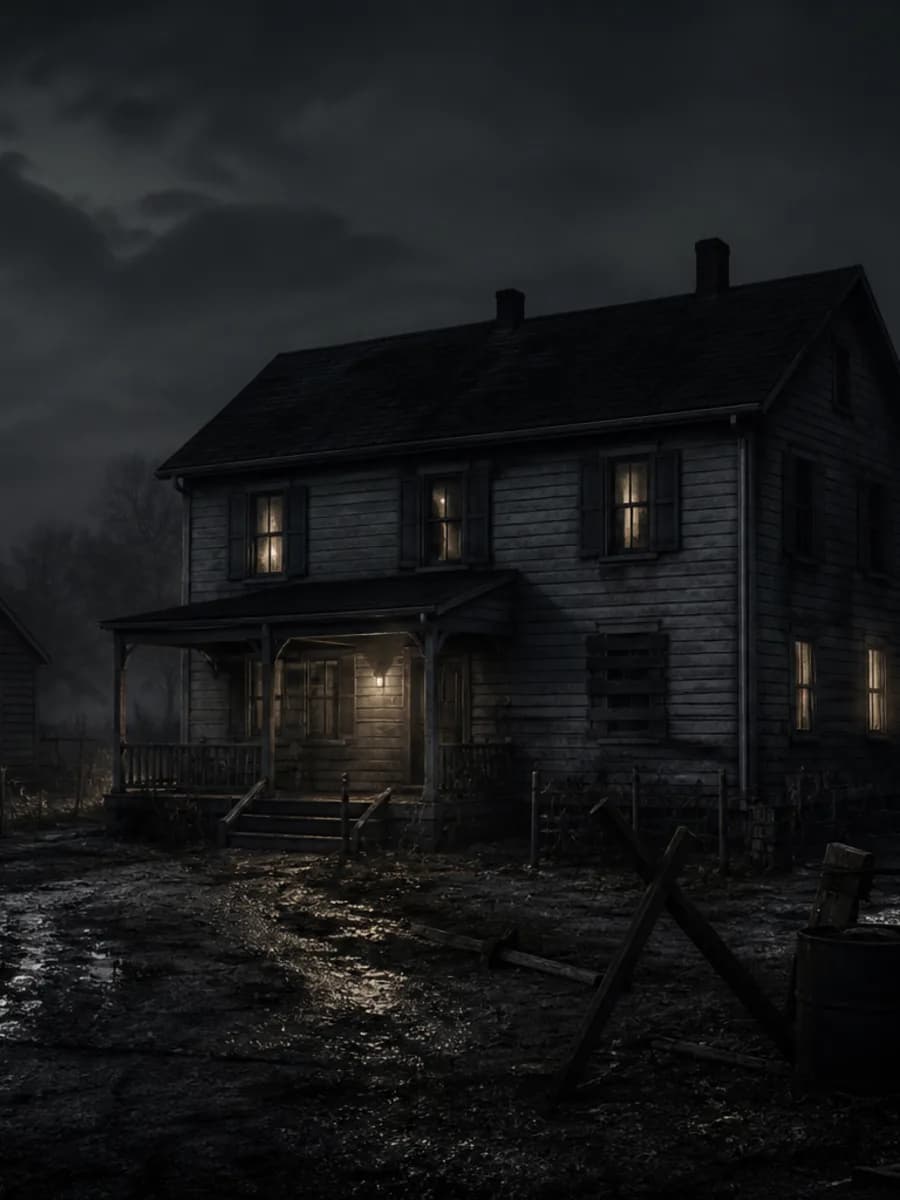 A portrait view of a rural farmhouse holdout at night.