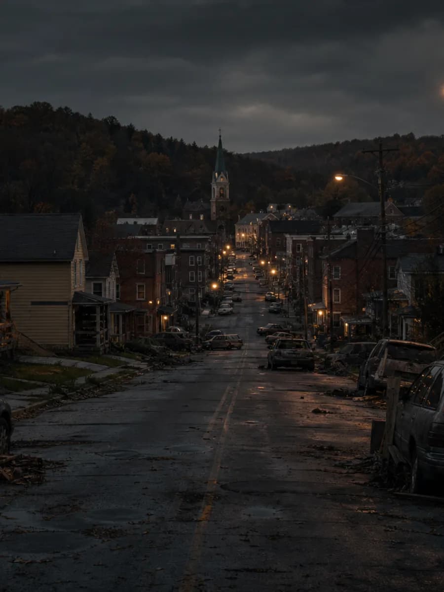 A portrait view down Pottsville's suburban route toward downtown.