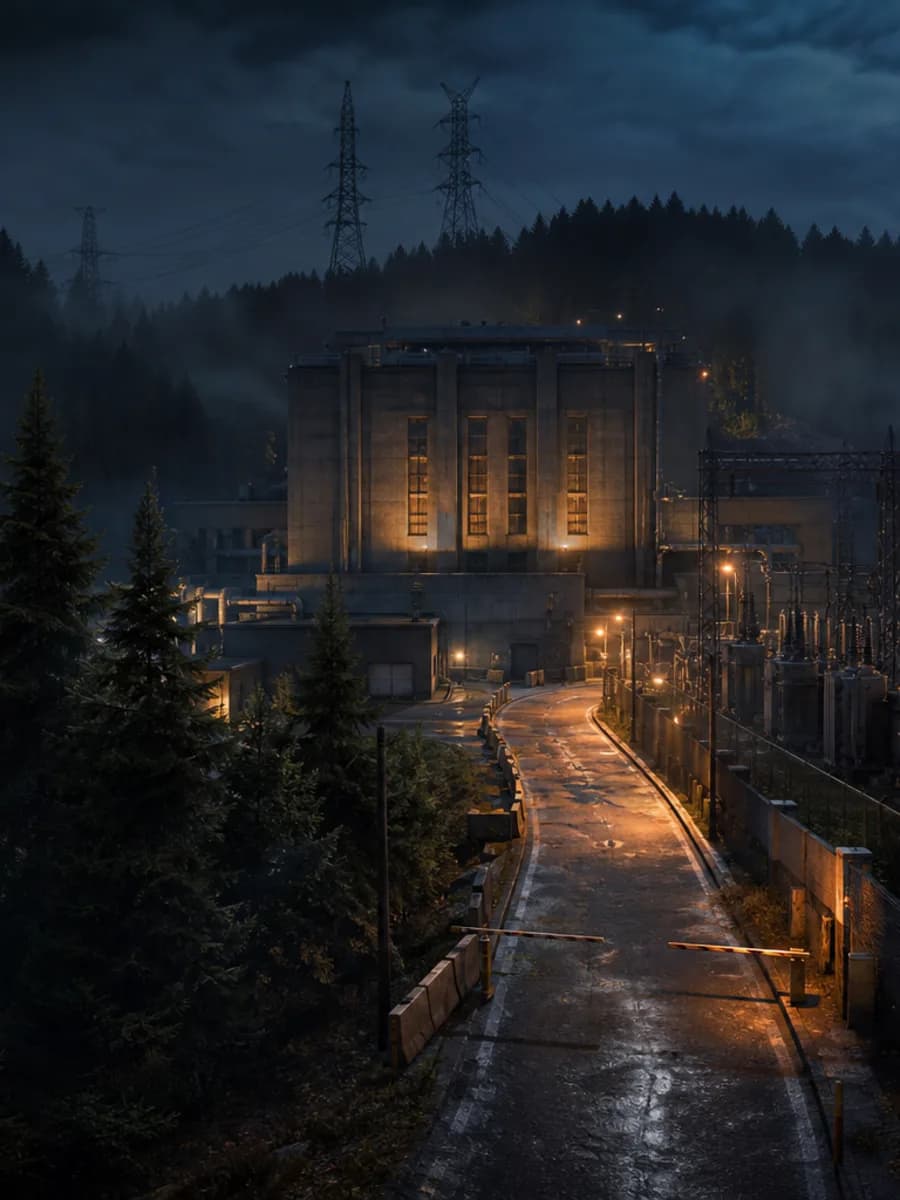 A portrait view along the service road toward the power plant.