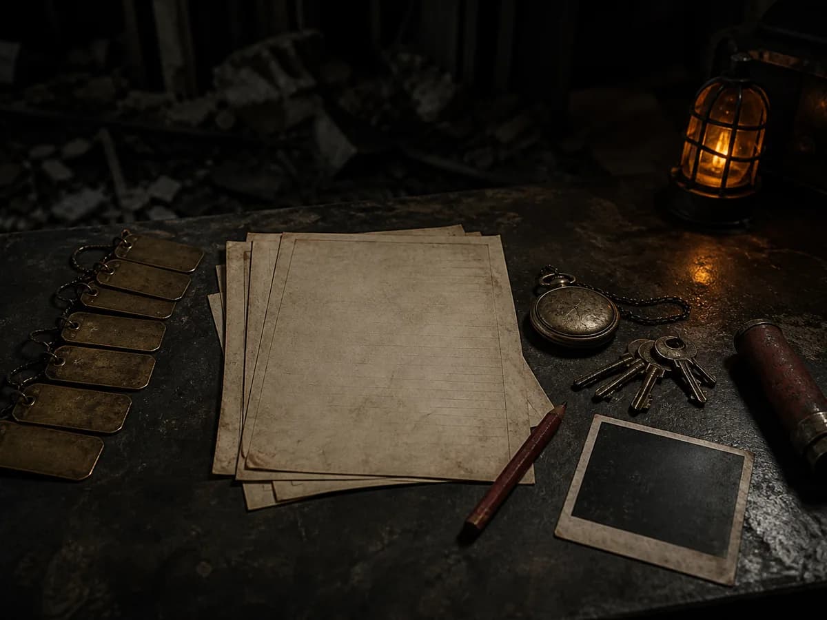 Blank checklist sheets, brass tags, keys, and a pocket watch on a steel desk.