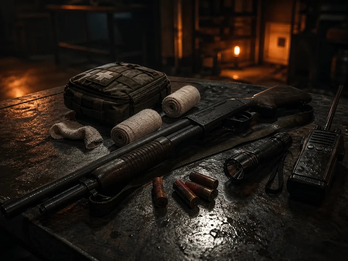 A shotgun, medical supplies, radio, and flashlight arranged as a survivor loadout.