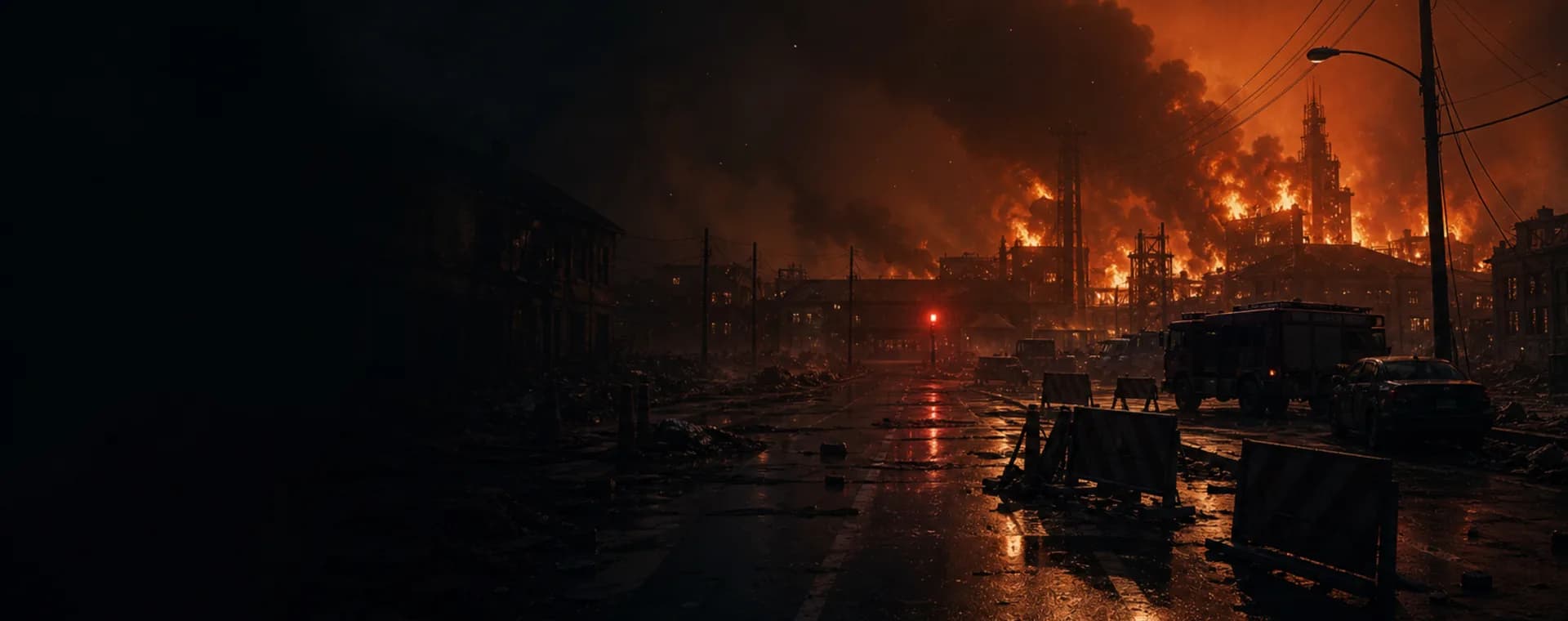 An abandoned town street faces a distant industrial fire under an ember-filled sky.